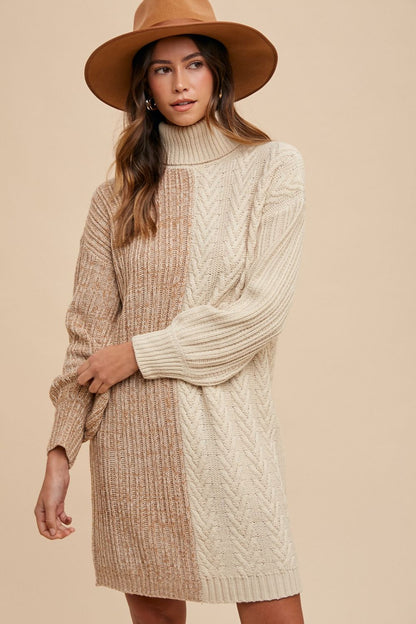 Front view of Annie Wear Color Block Turtleneck Sweater Dress in Taupe showing neckline and sleeve details