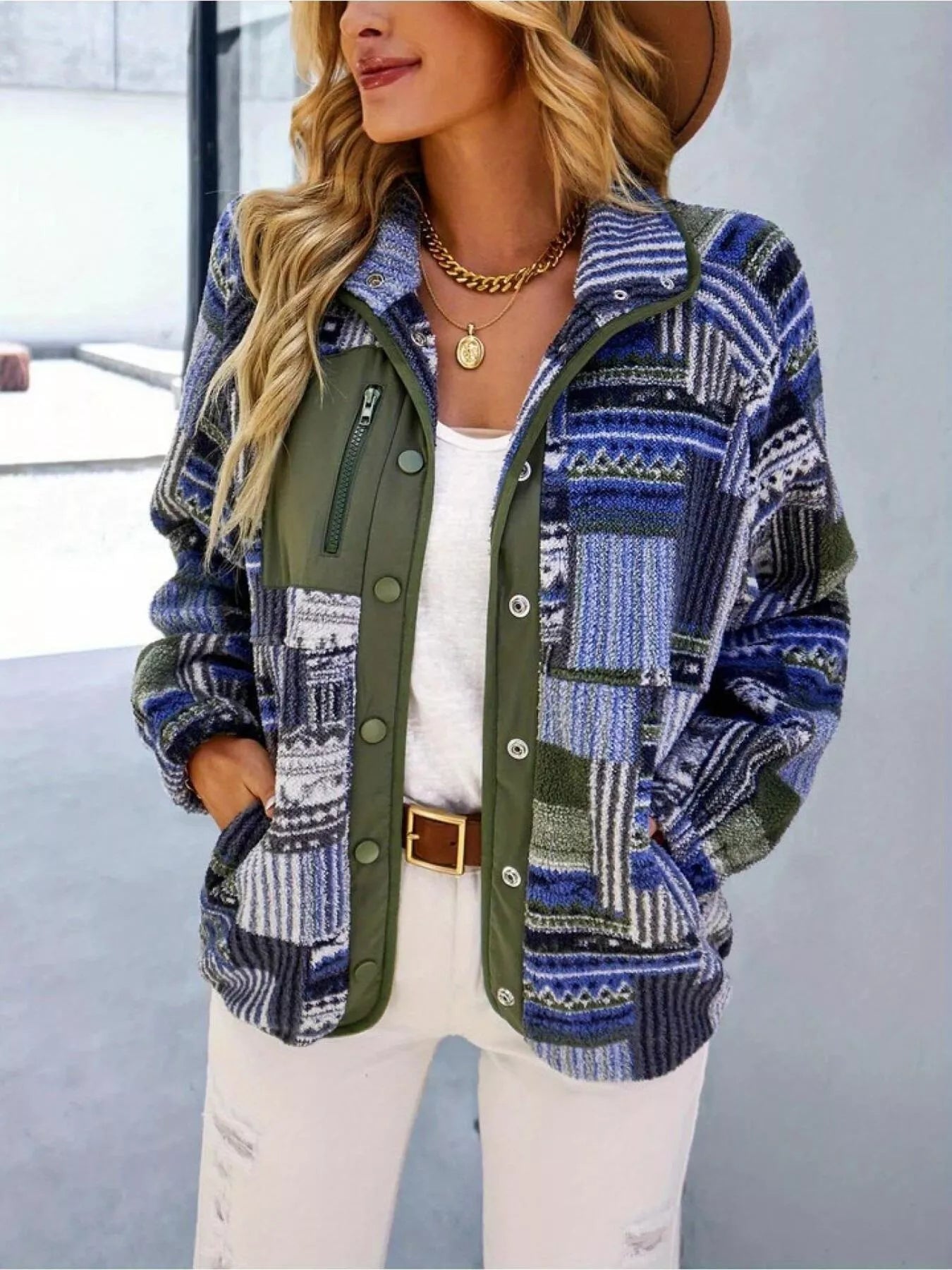 Aztec Print Fleece Snap Down Jacket - Rochelle's House LLC