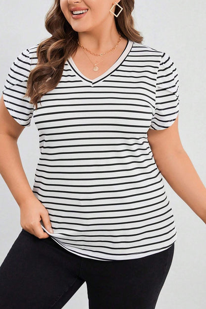 Plus Size Striped V-Neck Short Sleeve T-Shirt