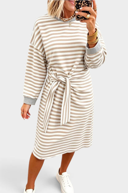 Stripe Striped Colorblock Cuffs Round Neck Long Sleeve Shift Dress