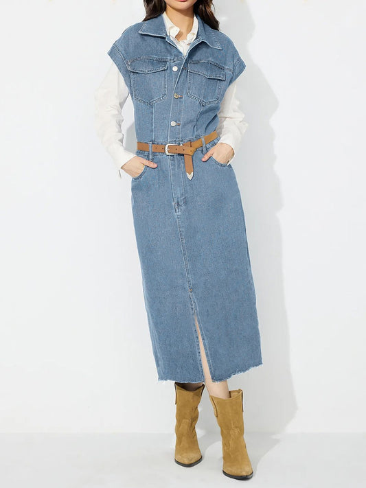 Slit Half Button Collared Neck Cap Sleeve Denim Dress