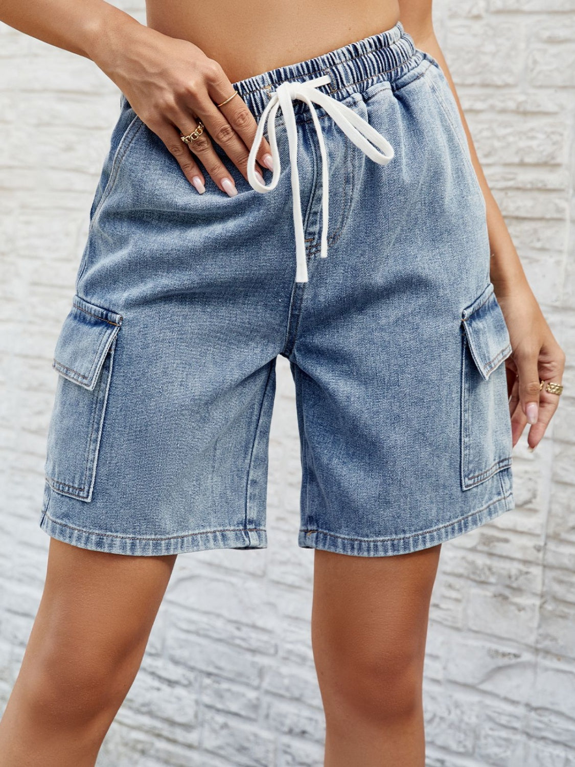 Women's Clothing, Drawstring Denim Shorts with Pockets, Front View Hand on Elastic, Rochelle's House