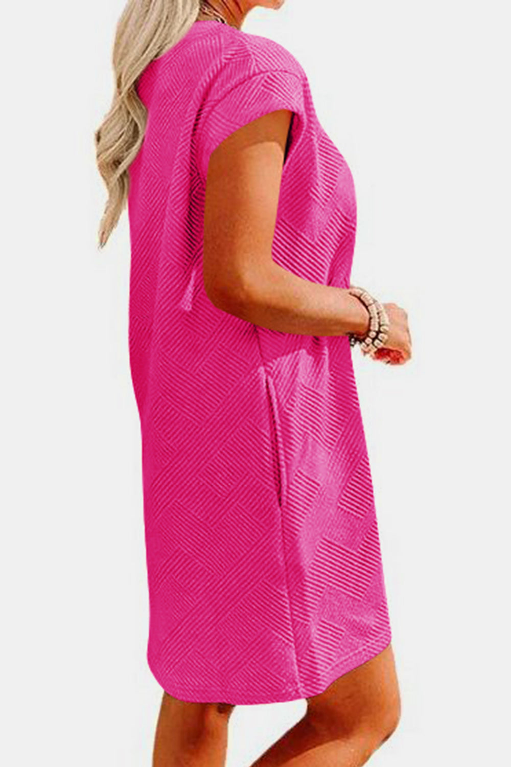 Women's Clothing, Textured Round Neck Cap Sleeve Dress, Side View Hot Pink, Rochelle's House