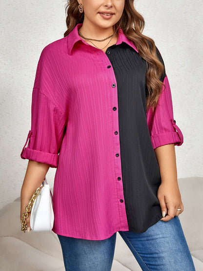 Honey Plus Size Contrast Color Roll-Tap Sleeve Shirt