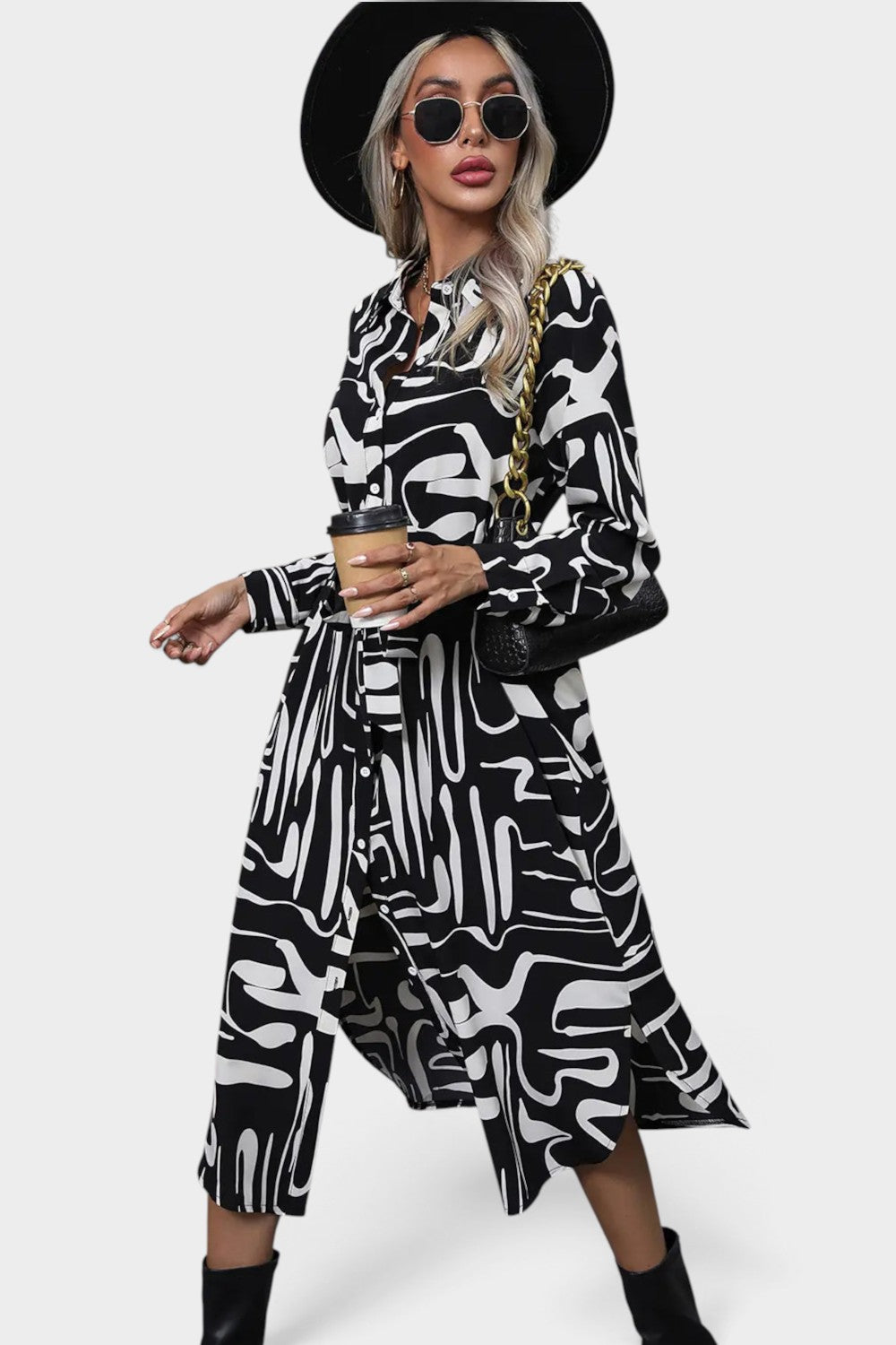 Perfee Printed Tie Front Collared Neck Slit Shirt Dress