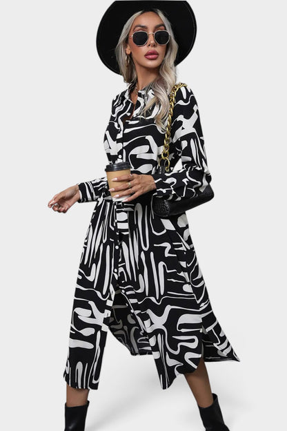 Perfee Printed Tie Front Collared Neck Slit Shirt Dress