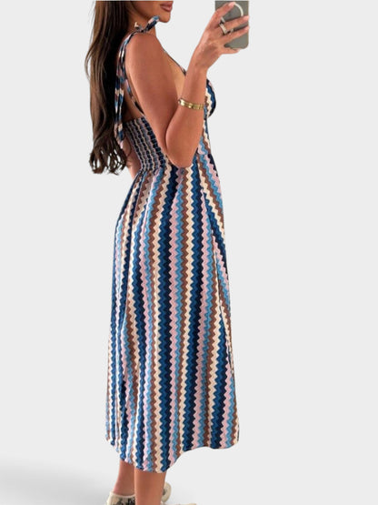 Striped Tie-Shoulder Midi Dress