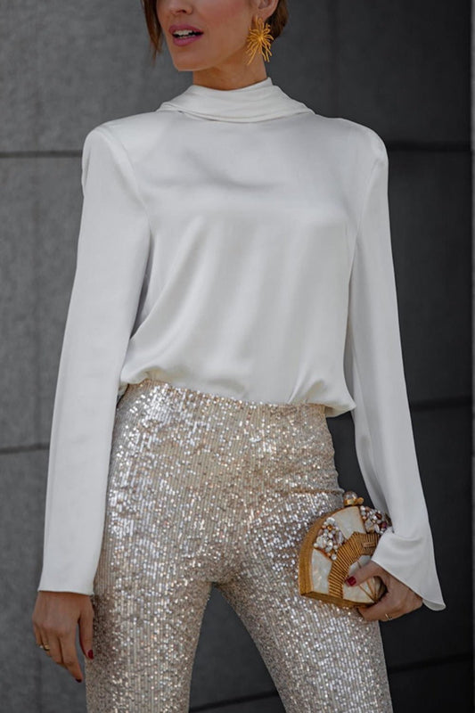 Front view of Backless Cowl Neck Long Sleeve Blouse in White showing neckline and sleeve details