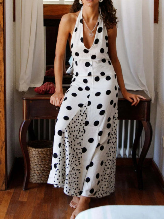 Front view of Backless Halter Neck Polka Dot Maxi Dress in White showing neckline and sleeve details (100% polyester)