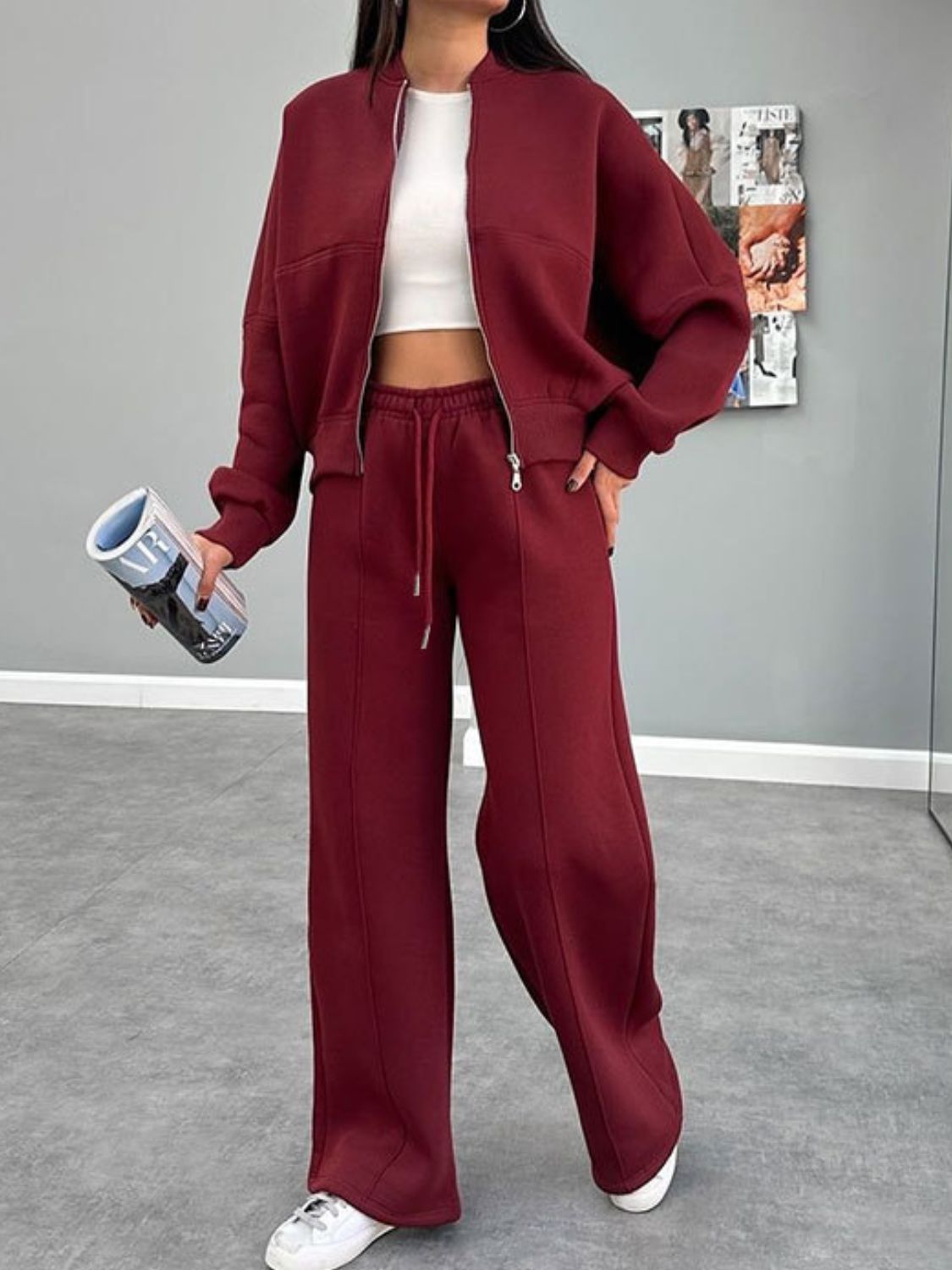 Front view of Baseball Collar Zip Up Outerwear and Drawstring Pants Set in Burgundy showing neckline and sleeve details