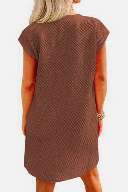 Women's Clothing, Textured Round Neck Cap Sleeve Dress, Back View Chestnut, Rochelle's House