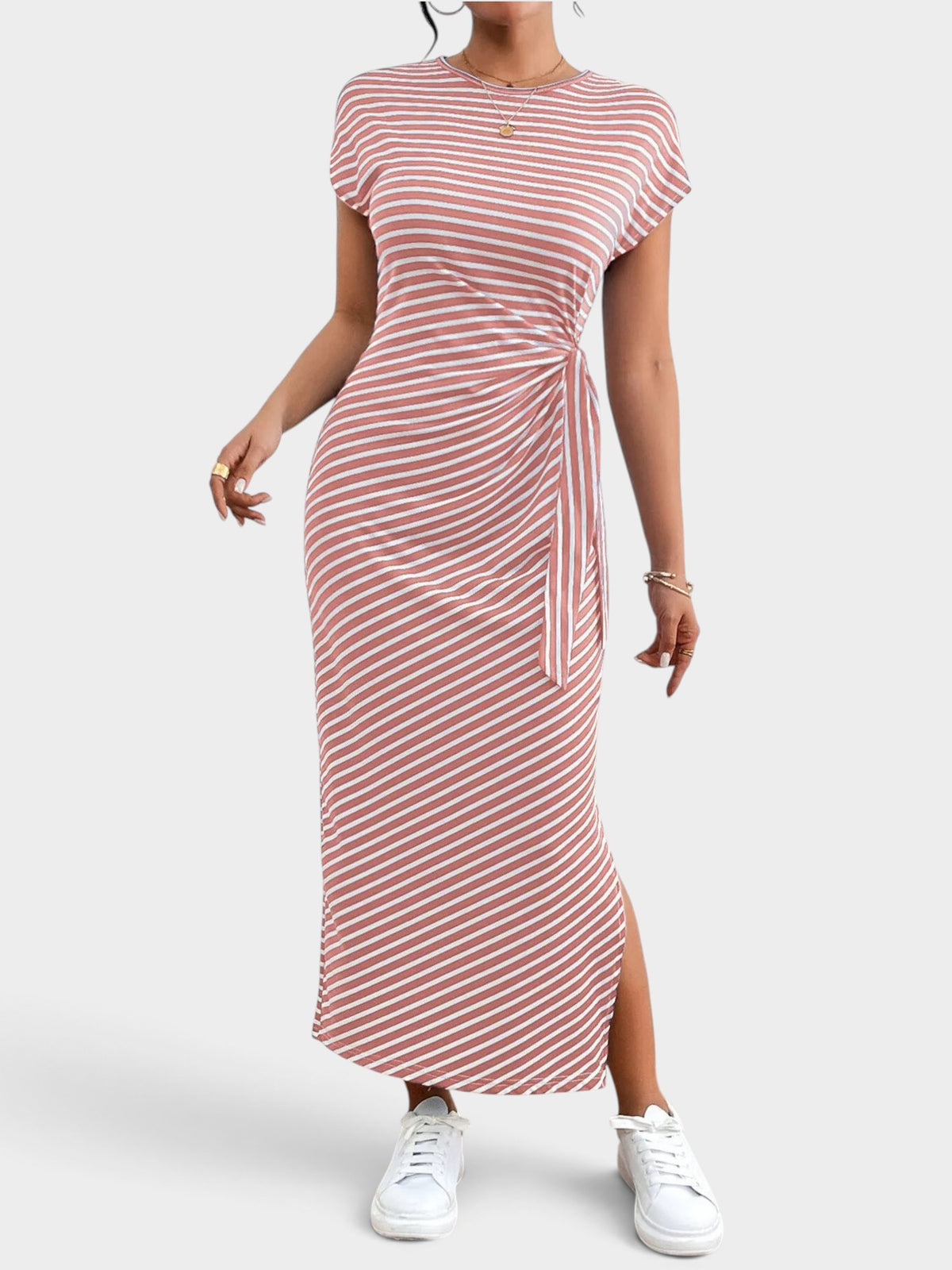 Striped Tie Side Casual Midi Dress