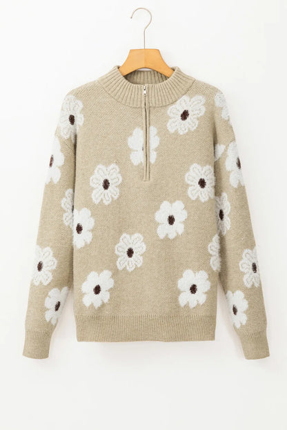 Flower Half Zip Long Sleeve Sweater