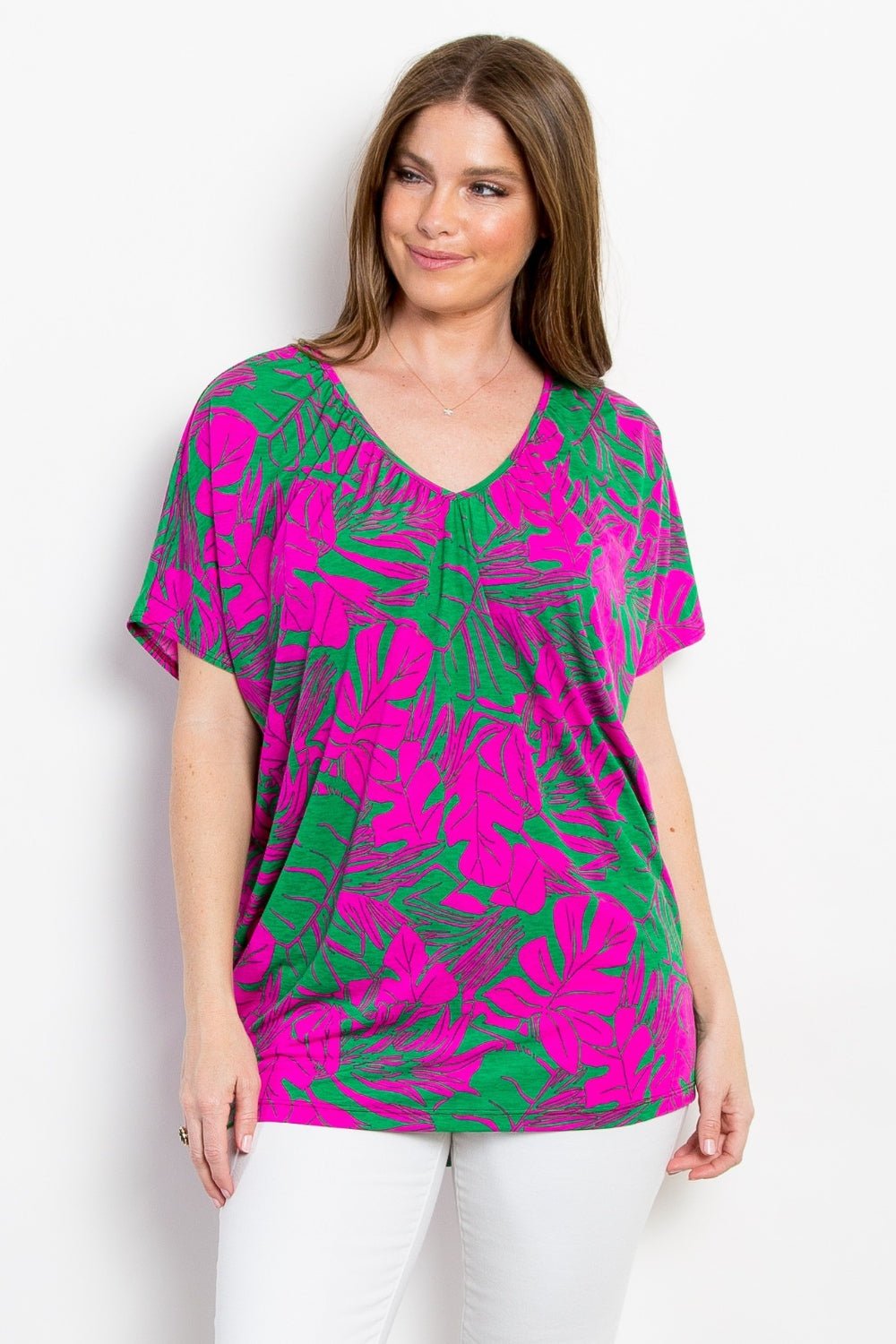 Front view of Be Stage Contrast Printed Short Sleeve Top in Magenta showing neckline and sleeve details