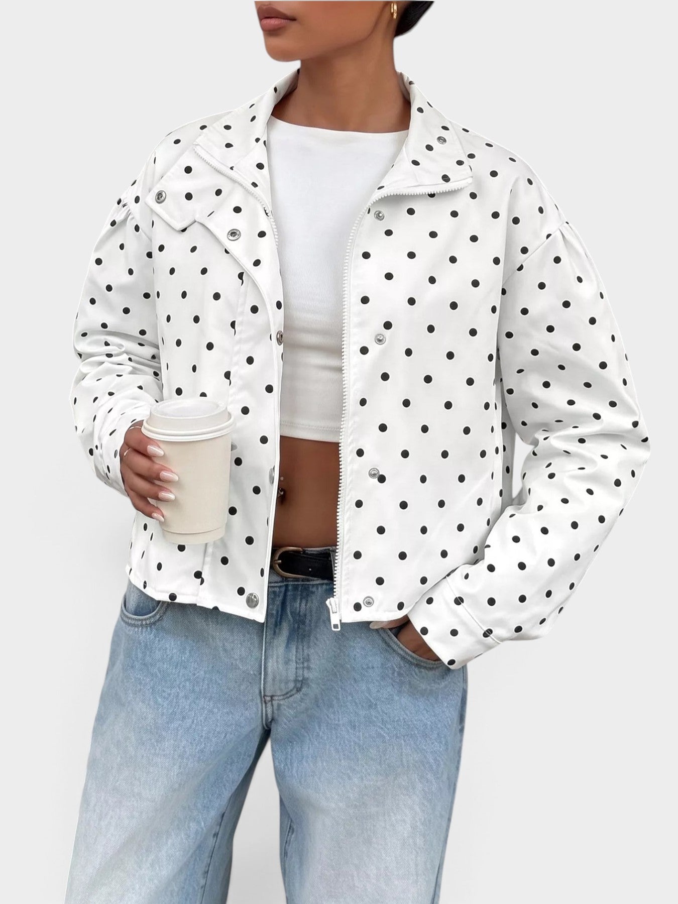 Polka Dot Zip Up Cropped Jacket