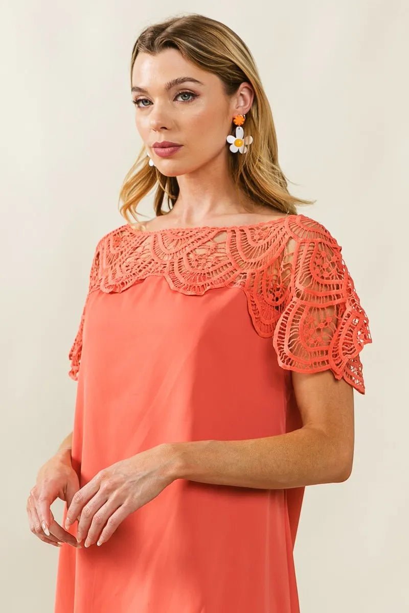 Front view of BiBi Crochet Lace Yoke Detailed Wrinkled Dress in APRICOT showing neckline and sleeve details