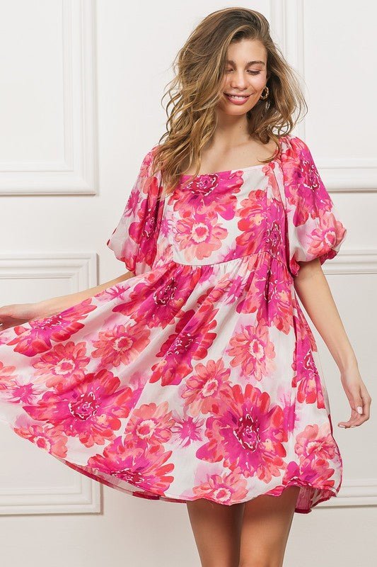 Front view of BiBi Floral Square Neck Puff Sleeve Mini Dress in Hot Pink showing neckline and sleeve details