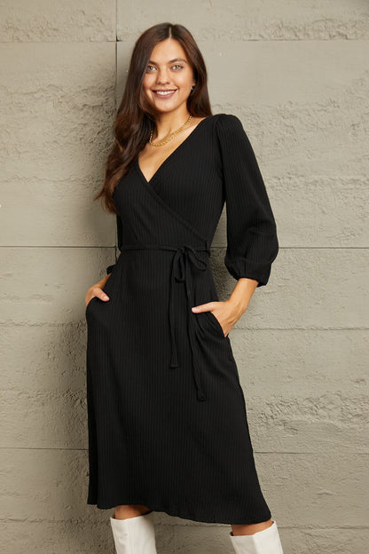 Black Culture Code Full Size Surplice Flare Ruching Dress - Rochelle's House LLC