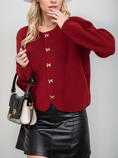 Front view of Bow Button Down Round Neck Long Sleeve Cardigan in Burgundy showing neckline and sleeve details