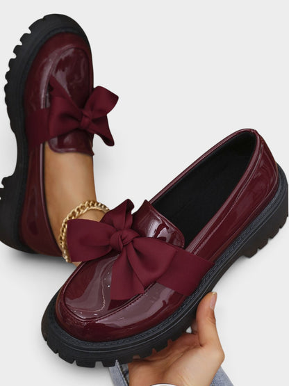 Bow PU Leather Round Toe Loafers