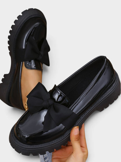 Bow PU Leather Round Toe Loafers