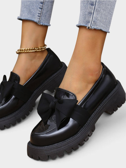 Bow PU Leather Round Toe Loafers