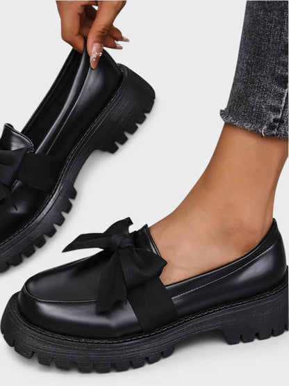 Bow PU Leather Round Toe Loafers