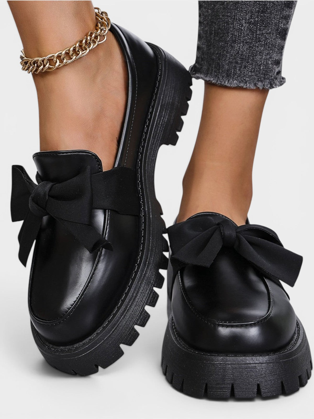 Bow PU Leather Round Toe Loafers