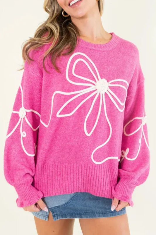 Front view of Bow Round Neck Dropped Shoulder Sweater in Fuchsia Pink showing neckline and sleeve details