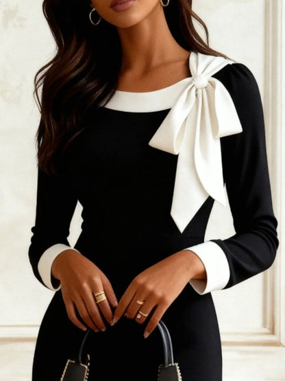Bowknot Contrast Trim Long Sleeve Dress - Rochelle's House LLC