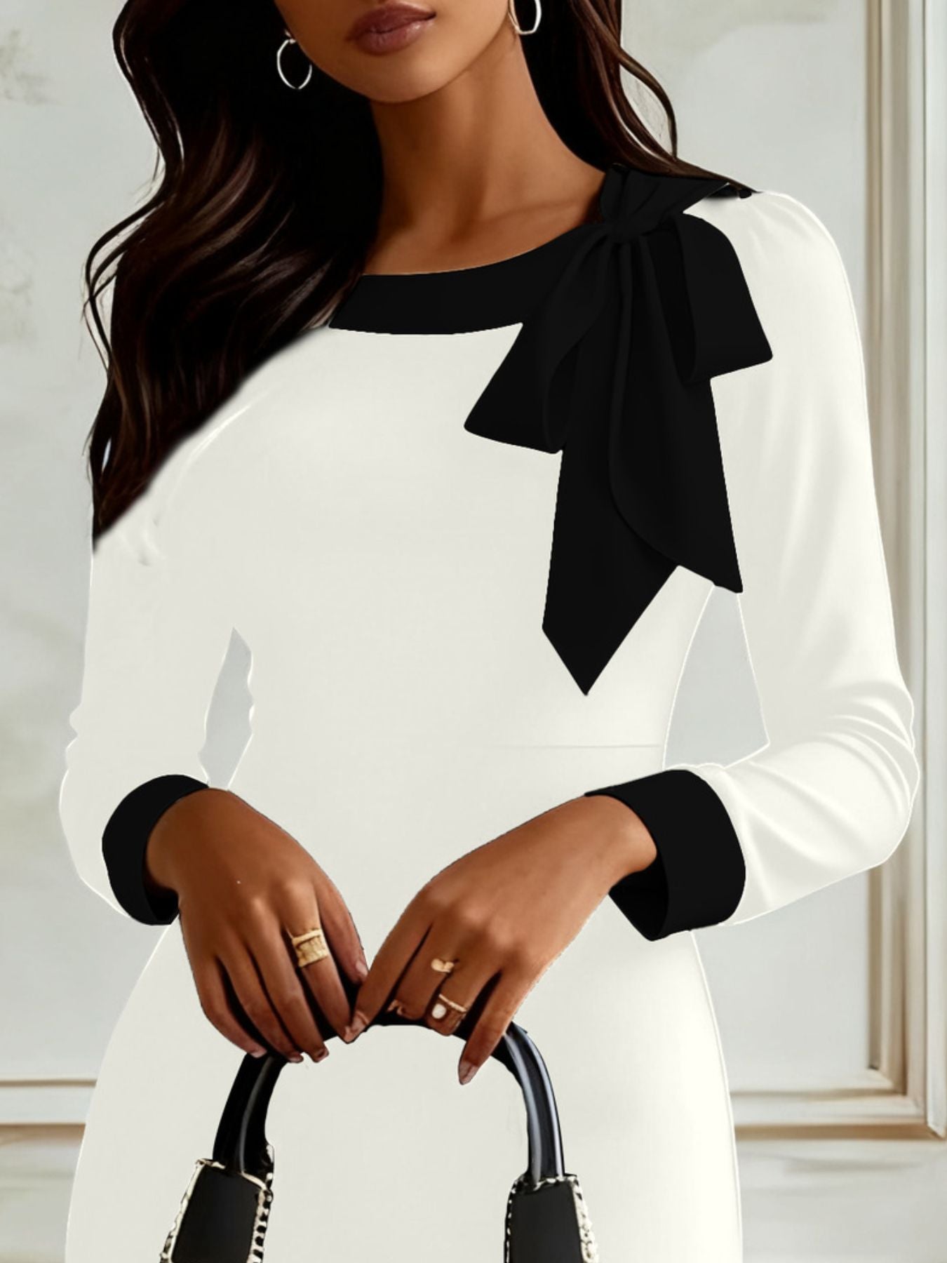Bowknot Contrast Trim Long Sleeve Dress - Rochelle's House LLC