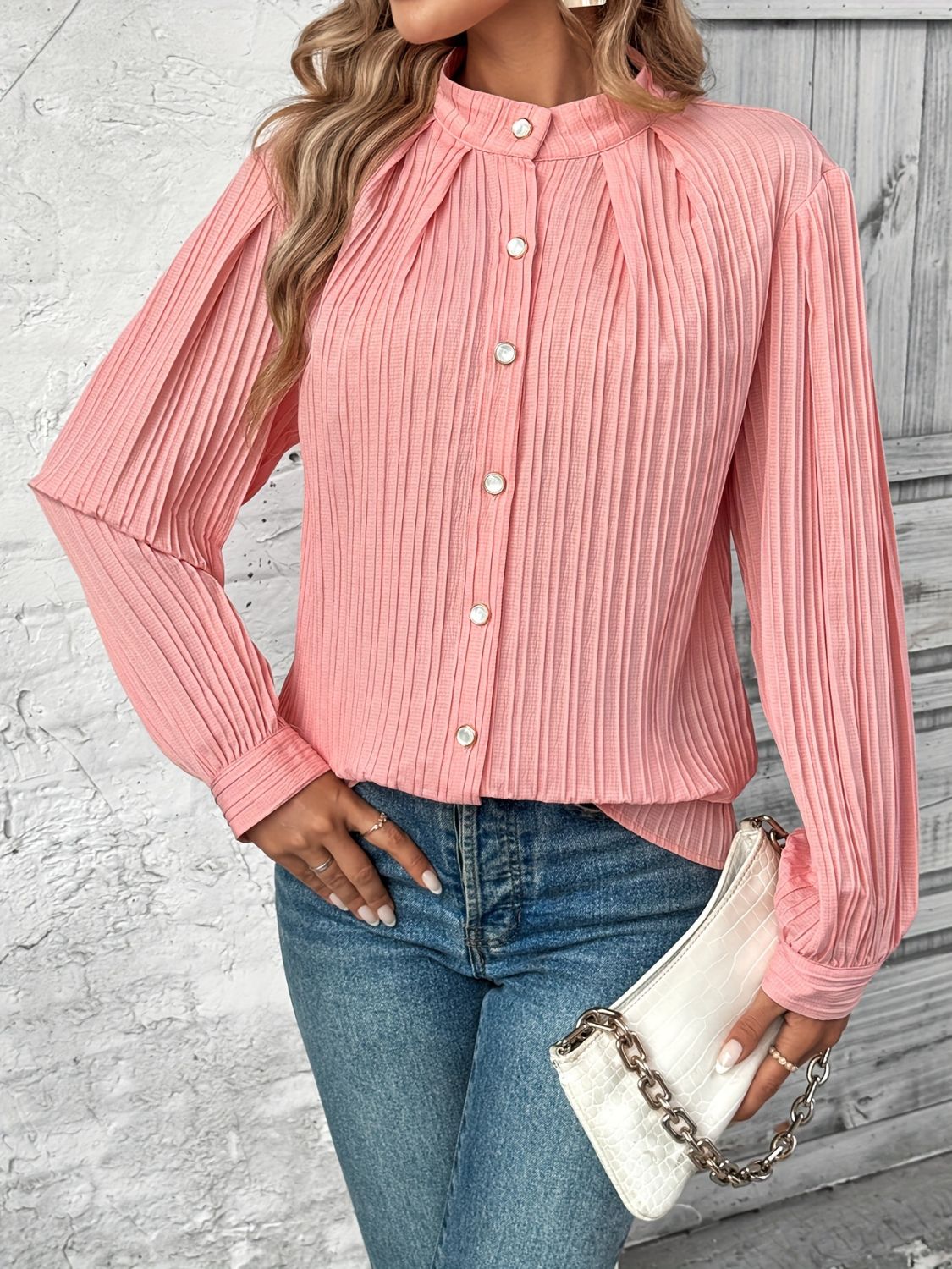 Front view of Button Down Mock Neck Long Sleeve Shirt in Coral showing neckline and sleeve details