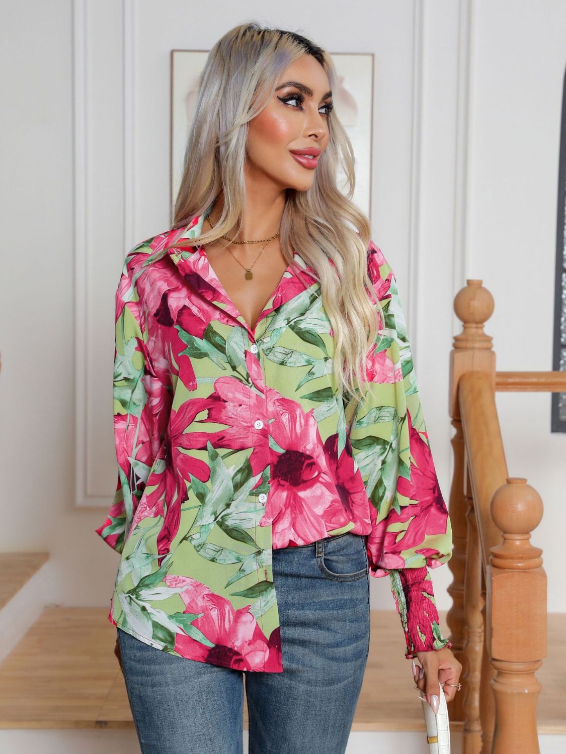 Front view of Button Down Printed Long Sleeve Shirt in Hot Pink showing neckline and sleeve details