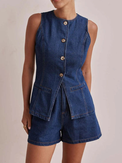 Front view of Button Down Vest and Shorts Denim Set in Medium showing neckline and sleeve details (65% cotton and)