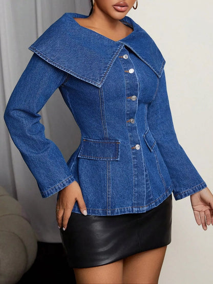 Front view of Button-Front Long Sleeve Denim Top in Blue showing neckline and sleeve details