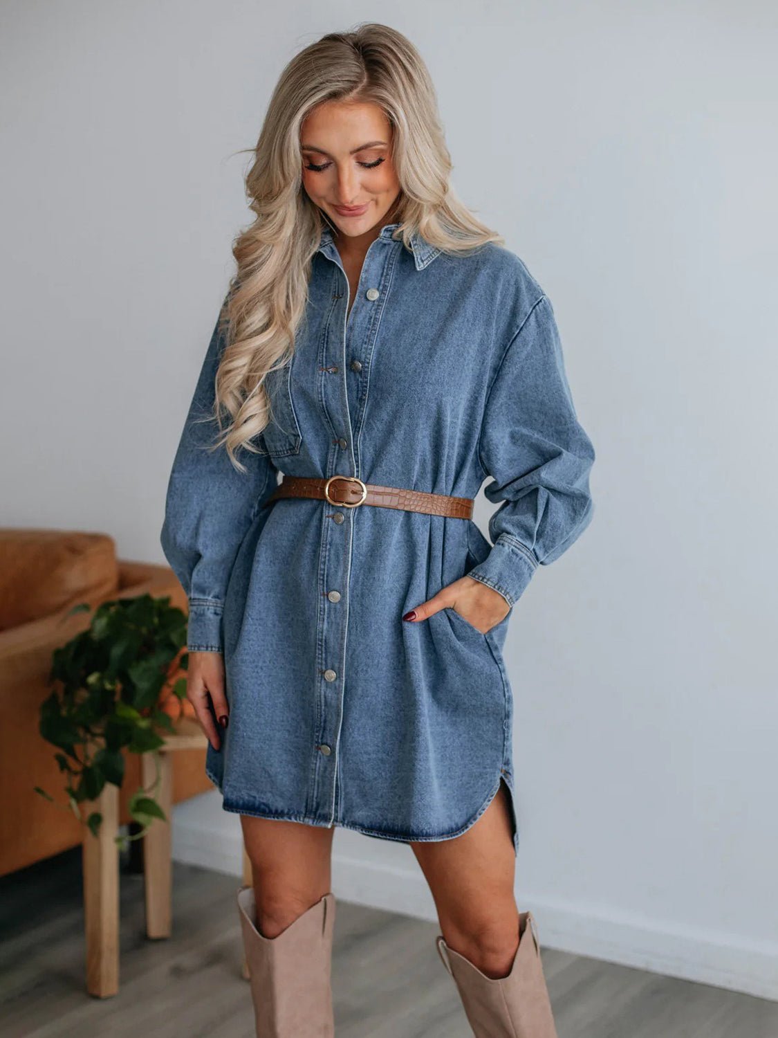 Front view of Button Up Collared Neck Long Sleeve Denim Dress in Medium showing neckline and sleeve details