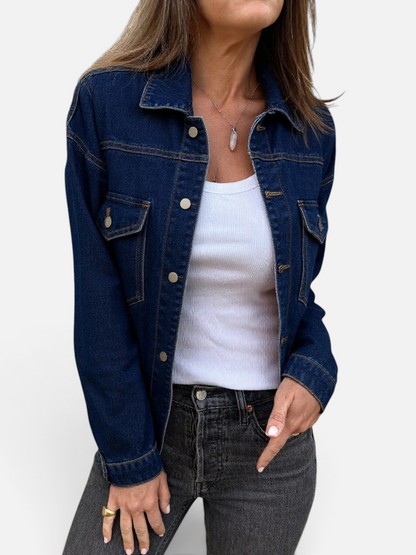 Front view of Button Up Long Sleeve Denim Jacket in Blue showing neckline and sleeve details