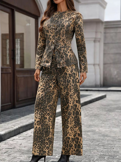 Front view of Button Up Long Sleeve Top and Jeans Denim Set in Leopard showing neckline and sleeve details