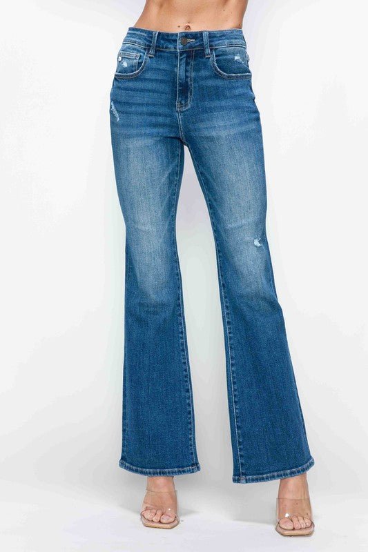 Front view of bytos Full Size High Rise Bootcut Jeans with Pockets in Medium showing neckline and sleeve details