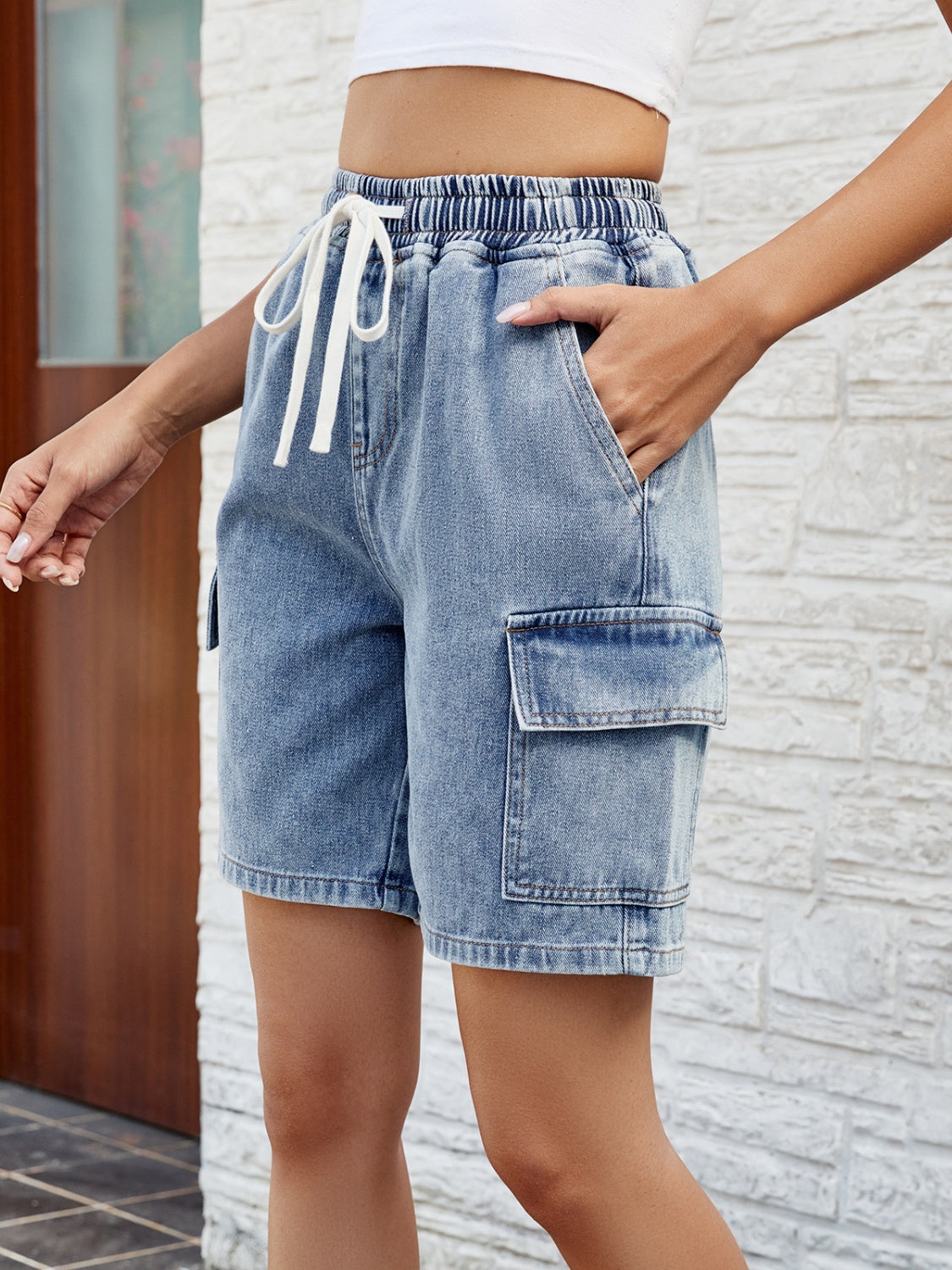 Women's Clothing, Drawstring Denim Shorts with Pockets, Front View Hand in pocket, Rochelle's House