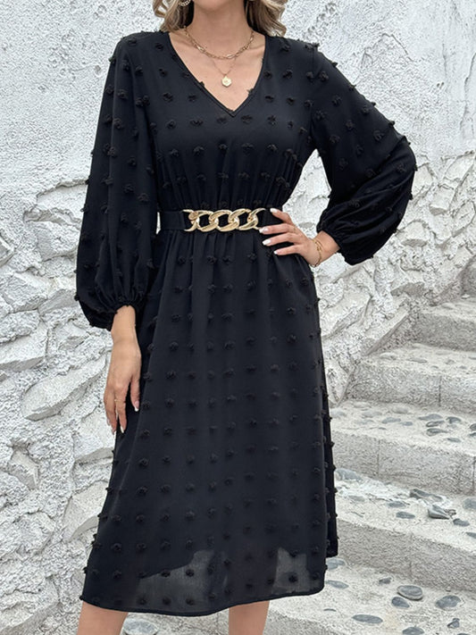 Full Size Swiss Dot V-Neck Long Sleeve Midi Dress