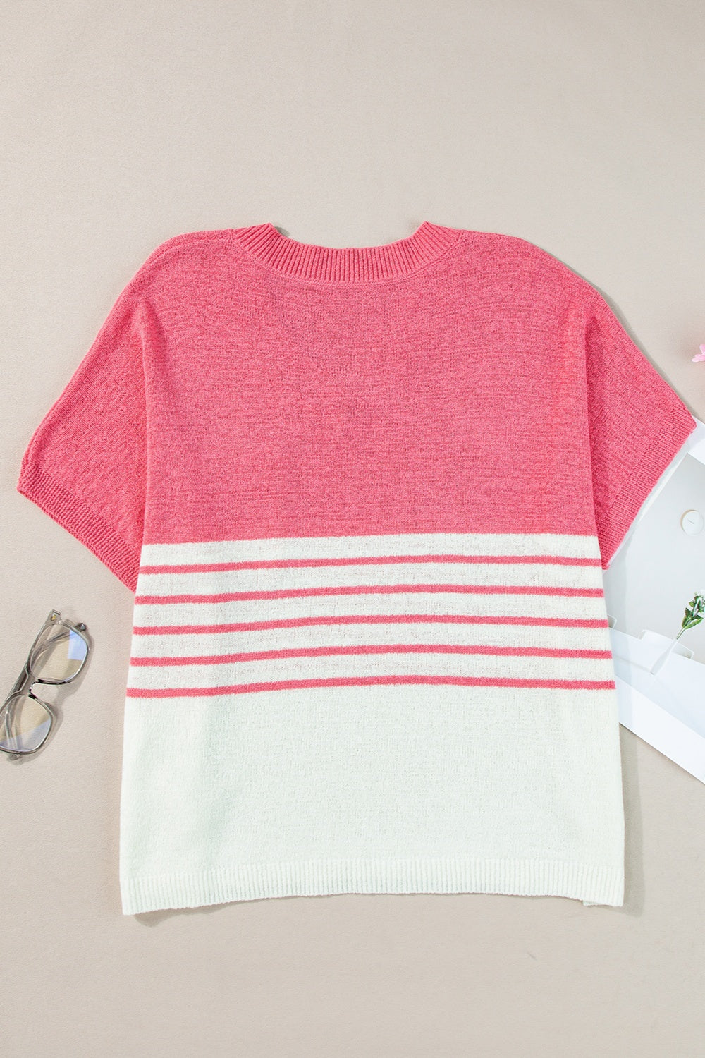 Striped V-Neck Short Sleeve Knit Top