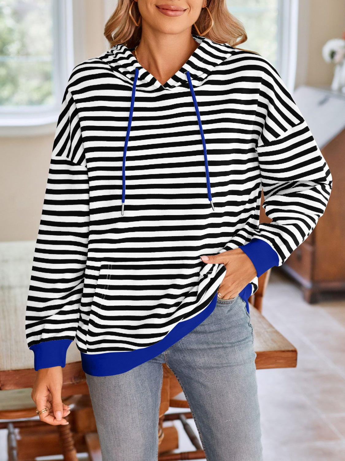 Lovelet Drawstring Striped Long Sleeve Hoodie