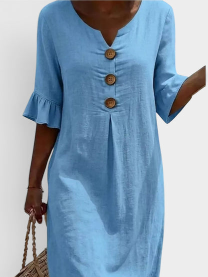 Full Size Button Decor Flounce Sleeve Dress Plus Size