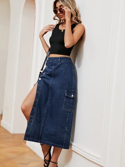 Button Down Midi Denim Skirt