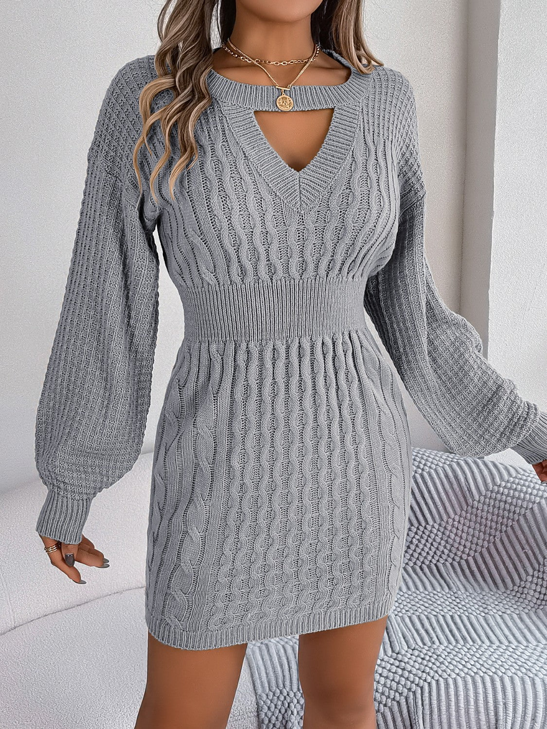 Front view of Cable-Knit Cutout Round Neck Slit Sweater Dress in Charcoal showing neckline and sleeve details (100% high)