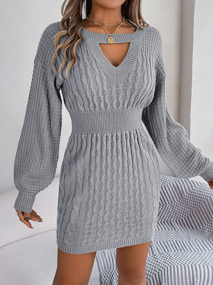 Front view of Cable-Knit Cutout Round Neck Slit Sweater Dress in Charcoal showing neckline and sleeve details (100% high)