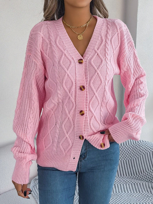 Front view of Cable-Knit Long Sleeve Cardigan in Blush Pink showing neckline and sleeve details
