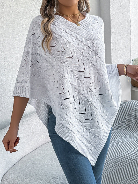 Front view of Cable-Knit Openwork Three-Quarter Sleeve Sweater in White showing neckline and sleeve details