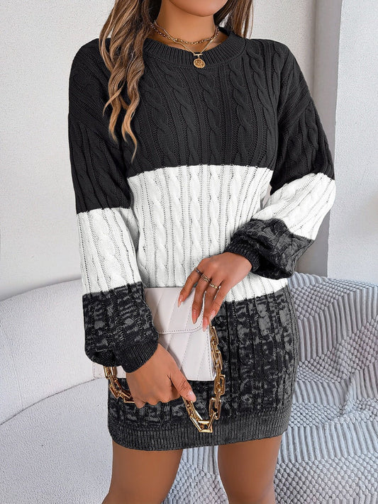 Cable - Knit Round Neck Color Block Sweater Dress - Rochelle's House LLC